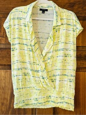 Alfani Yellow and Blue Print Surplice Short Sleeve Blouse